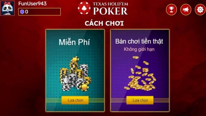 Người chơi có thể chọn chơi Texas Hold'em