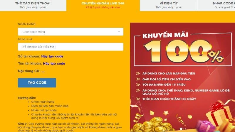 Hướng dẫn nạp tiền Ibet68 thông qua chuyển khoản live 24h