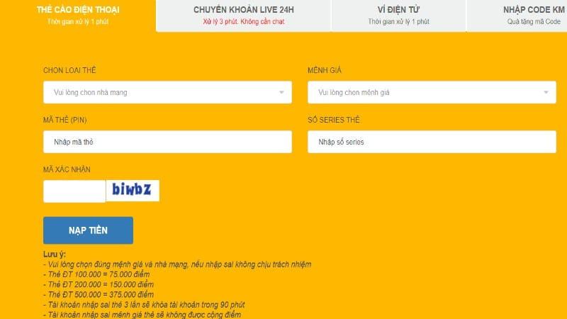 Cách nạp tiền vào nhà cái qua thẻ cào điện thoại